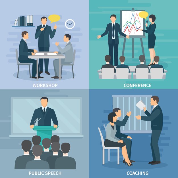 Habilidades para hablar en público Taller de coaching Presentación y conferencia 4 iconos planos composición cuadrados