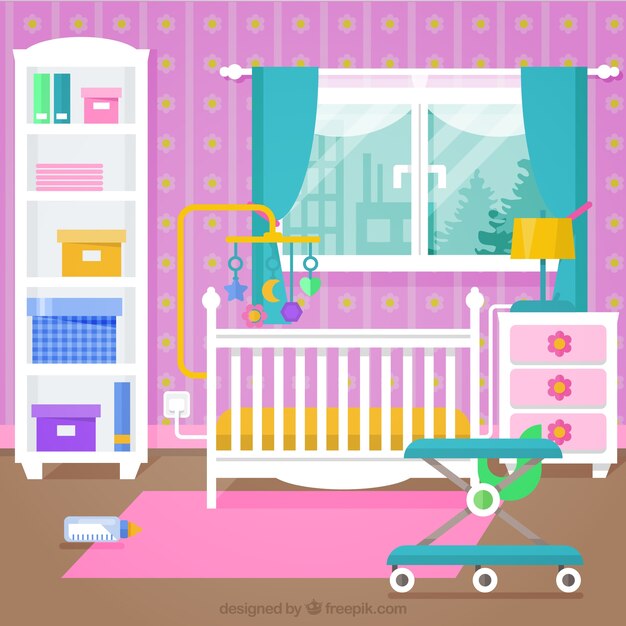 Habitación de bebé bonita con muebles blancos y pared rosa