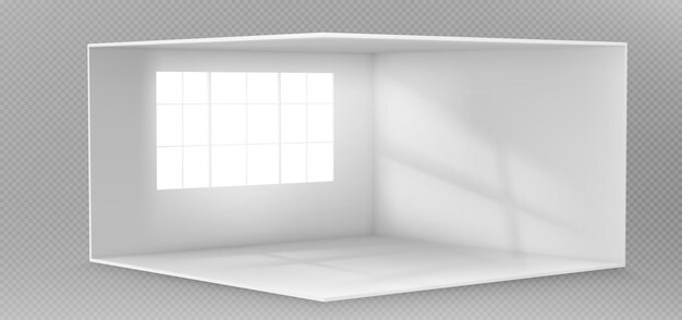 Habitación blanca vacía con ventana en la pared y vista en perspectiva de fondo vectorial claro interior de estudio 3d con espacio interior para conferencia o exposición en galería Escena realista de apartamento en esquina clara