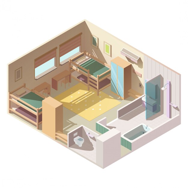 Habitación de cuatro camas en el vector isométrico del campamento escolar