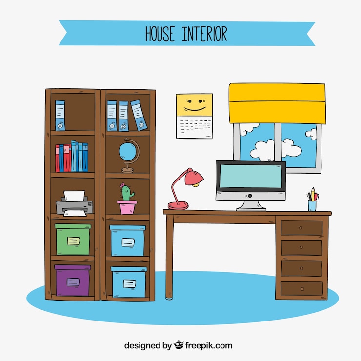 Vector gratuito habitación con escritorio y estantería dibujados a mano 