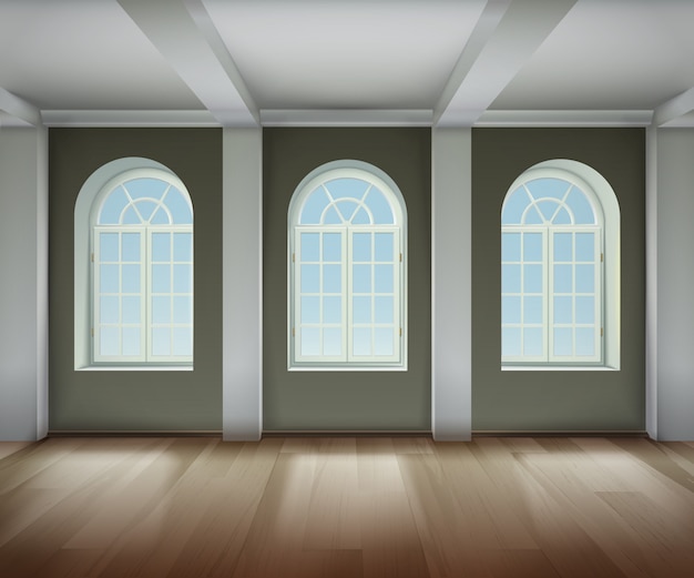 Vector gratuito habitación con fondo de ventanas arqueadas