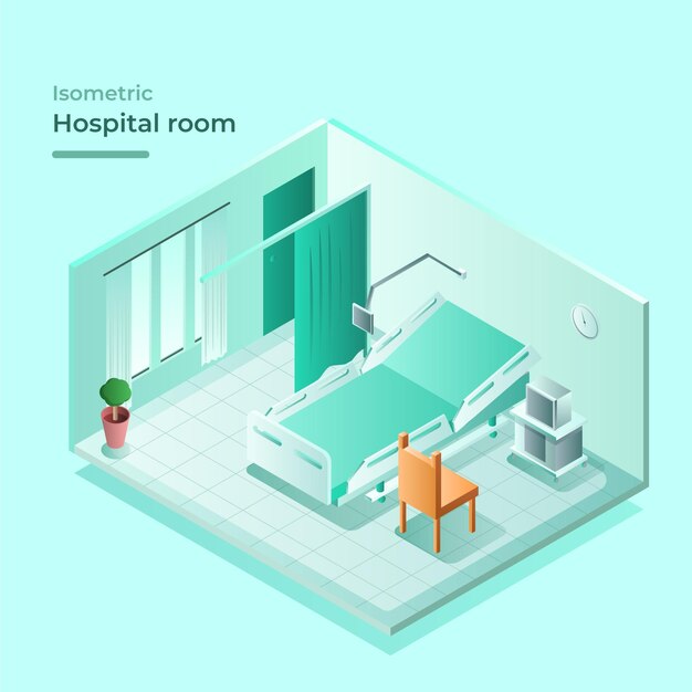 Habitación de hospital isométrica con cama y silla de visita