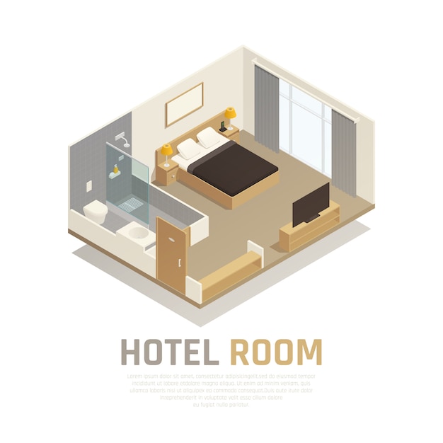 Habitación de hotel con muebles de luz, televisión y zona de baño con ducha y aseo composición isométrica