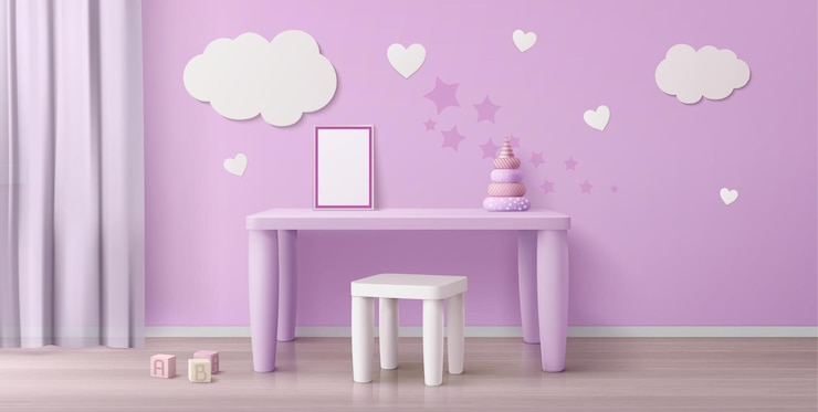 Vector gratuito habitación infantil con mesa para niños, silla, póster blanco y nubes en la pared
