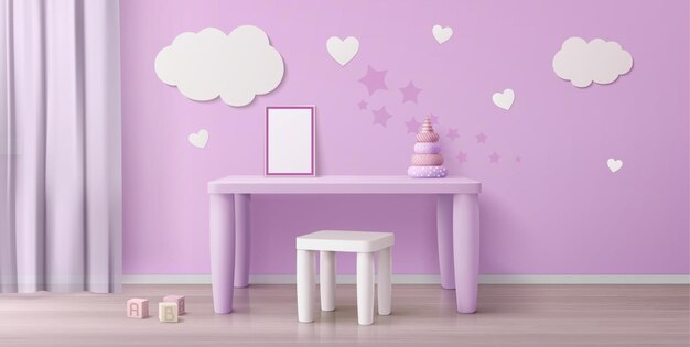 Habitación infantil con mesa para niños, silla, póster blanco y nubes en la pared