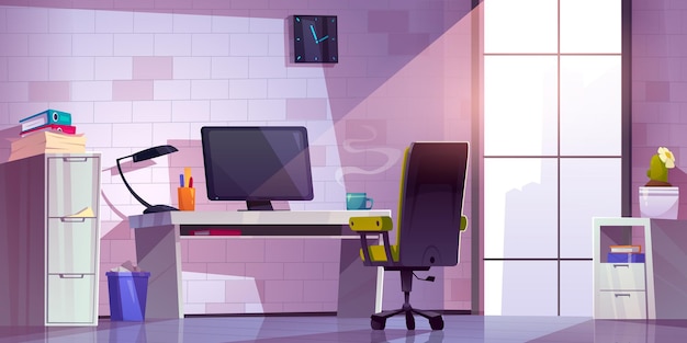 Vector gratuito habitación interior de oficina vectorial con dibujos animados de escritorio
