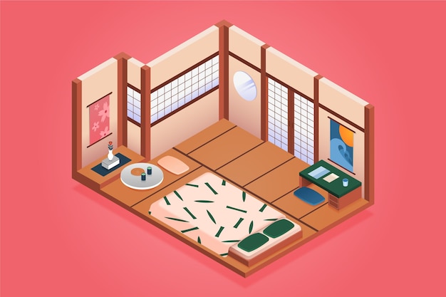 Habitación japonesa isométrica con futón