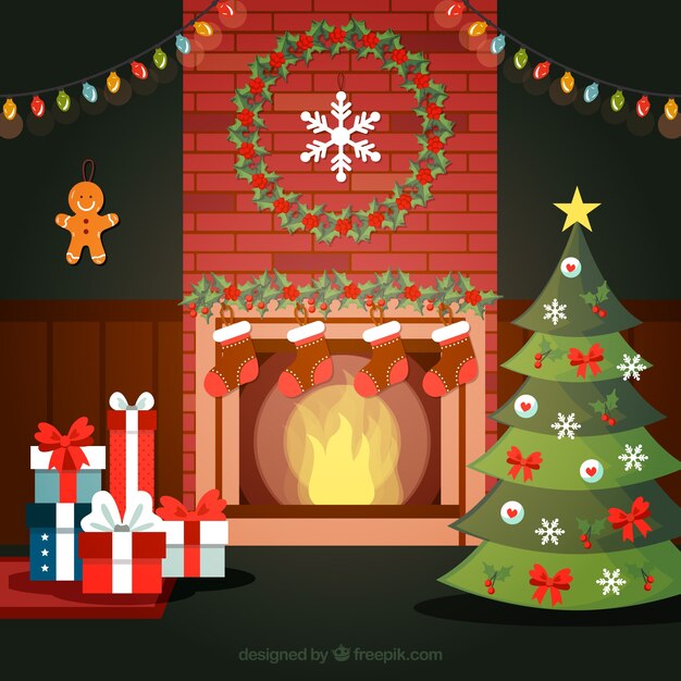 Habitación navideña con una chimenea