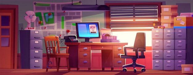 Habitación de oficina de detective con escritorio Estación de policía