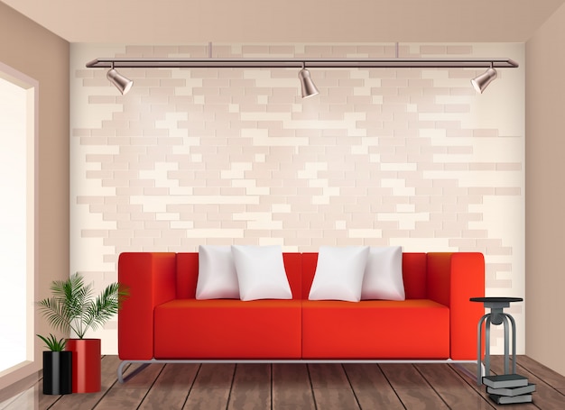 Habitación pequeña, elegante diseño interior con sofá rojo y maceta alegrar las paredes neutrales ilustración realista