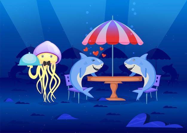 Habitantes del mar en restaurante en el fondo del mar. ilustración de dibujos animados
