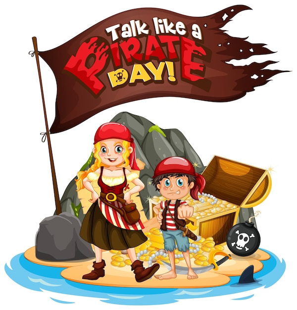 Vector gratuito habla como un banner de fuente del día de los piratas con un personaje de dibujos animados de niños piratas