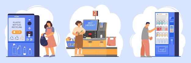 Hacer compras usando máquinas de autoservicio establecer ilustración vectorial plana