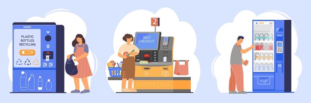 Hacer compras usando máquinas de autoservicio establecer ilustración vectorial plana