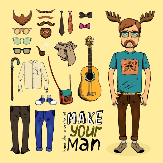 hacer hipster conjunto con pantalones camisa bolso guitarra y bufanda