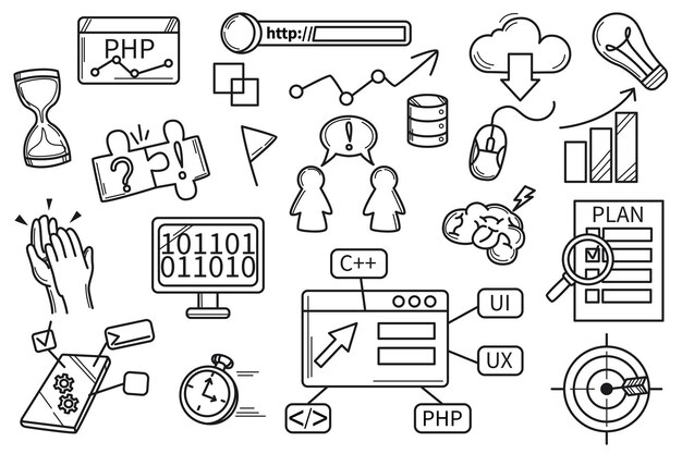 Hackathon doodle set colección de iconos dibujados a mano de programación lluvia de ideas y desarrollo de ideas de generación