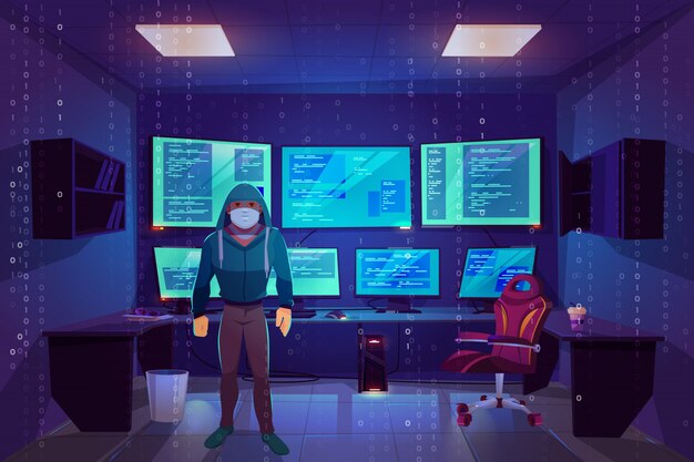 Hacker anónimo en la máscara en la sala de servidores con varios monitores de computadora que muestran información secreta
