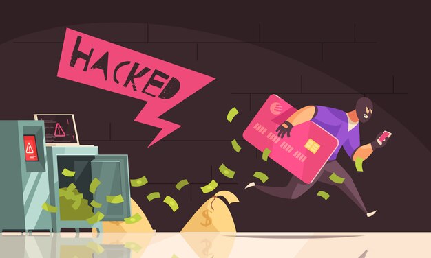 Hacker de color y plano se escapa hombre de composición robar tarjeta de crédito y ejecuta ilustración vectorial