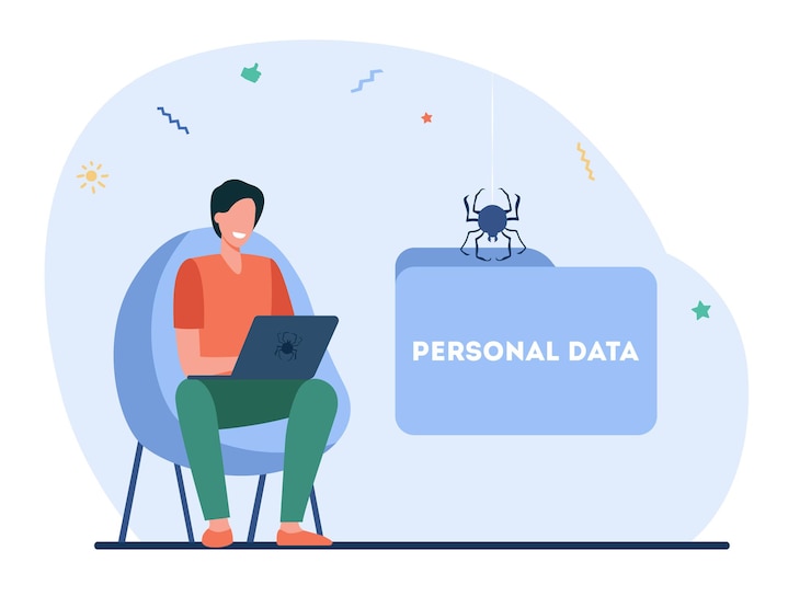 Vector gratuito hacker feliz robando datos personales