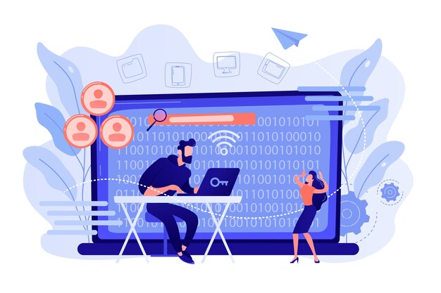 Hacker que recopila datos confidenciales de individuos objetivo y los hace públicos. Doxing, recopilar información en línea, piratear el concepto de resultado de explotación. Ilustración aislada de bluevector coral rosado