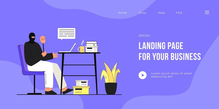 Vector gratuito hacker sentado con una computadora portátil tratando de estafar a la víctima en la plantilla de la página de destino de internet