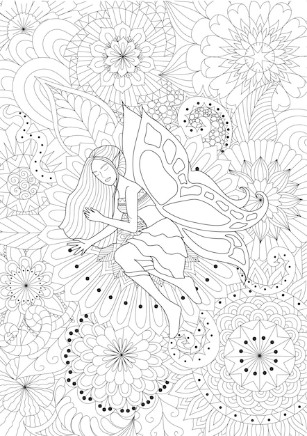 Hada sobre flores dibujada a mano