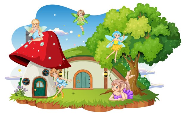 Hadas en casa hobbit sobre fondo blanco.