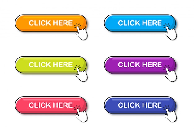 Haga clic aquí conjunto de botones de colores. web de iconos aislado