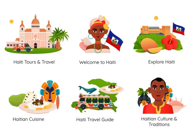 Haití guía de viaje cultura y tradiciones composiciones planas con cocina histórica personas aisladas ilustración vectorial