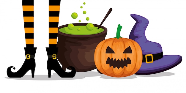 Vector gratuito halloween con pies de bruja y caldero