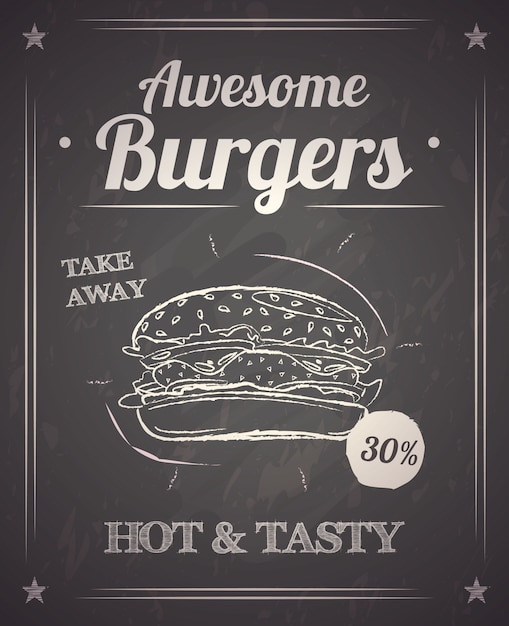 Hamburguesa caliente y sabrosa en rayos con cartel dibujado a mano monocromo de descuento en pizarra negra