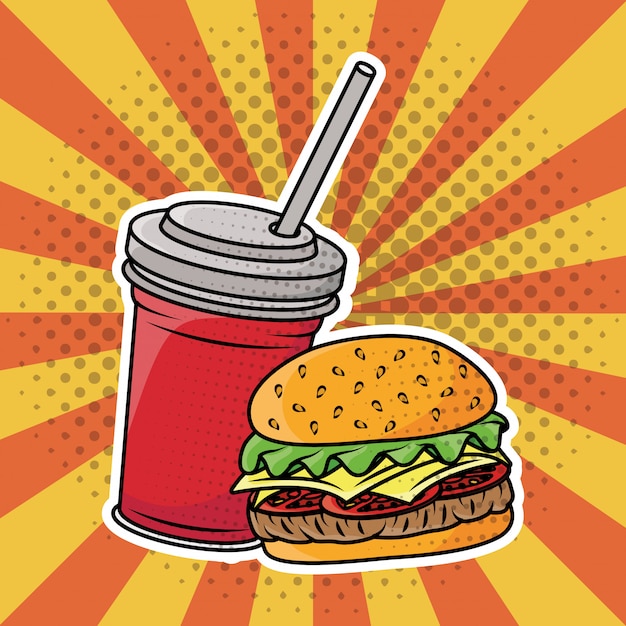 Vector gratuito hamburguesa y refresco estilo pop art de comida rápida