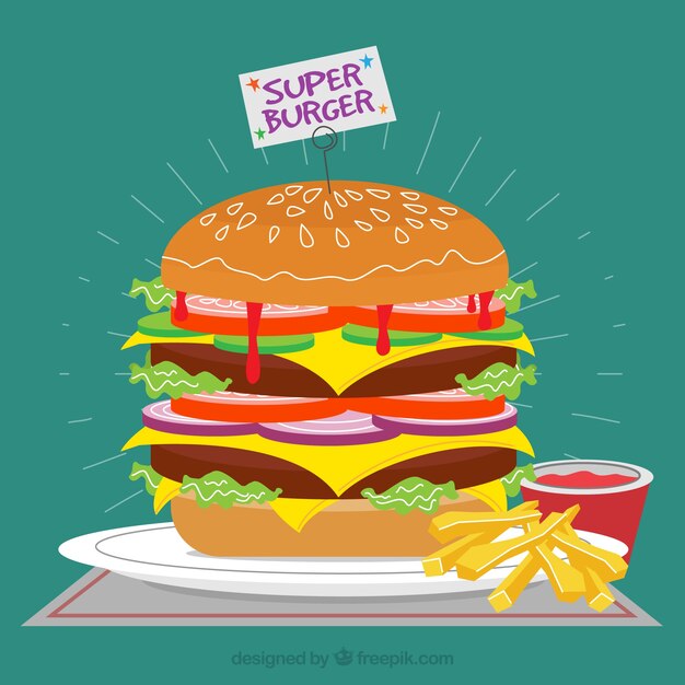 Hamburguesa sabrosa con patatas fritas y salsa de tomate