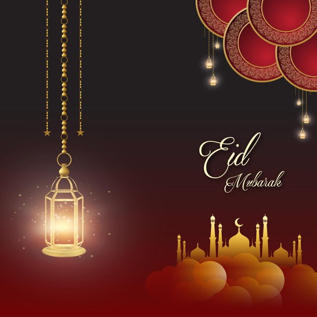 Happy Eid Greetings Granate Negro Marrón Fondo Islámico Social Media Banner