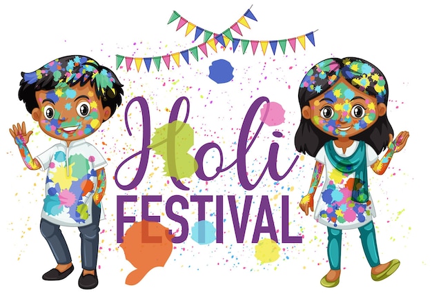 Vector gratuito happy holi fastival con personaje de dibujos animados de niños