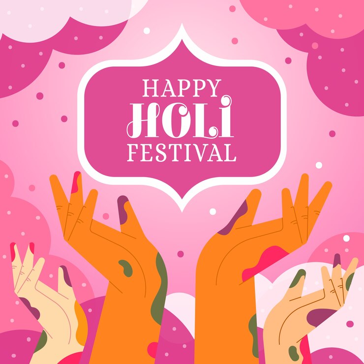 Vector gratuito happy holi festival con manos llenas de pintura