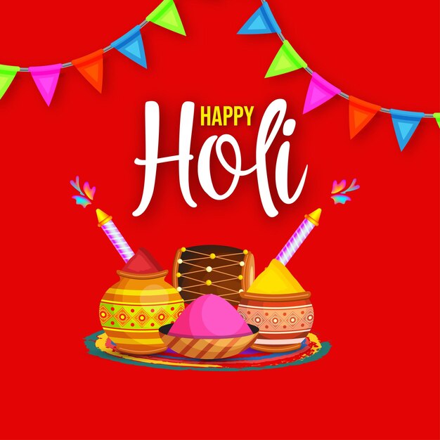 Happy Holi Greetings Red Yellow Brown Colorful Indian Hinduism Festival Fondo de redes sociales