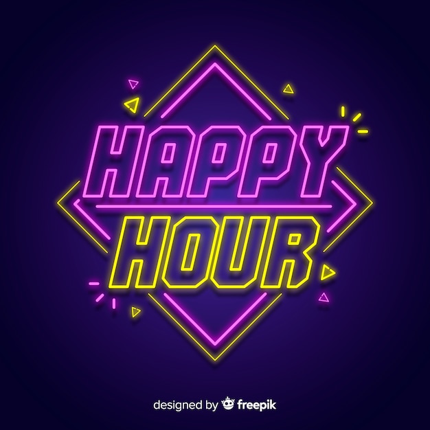 Vector gratuito happy hour letrero de luz de neón