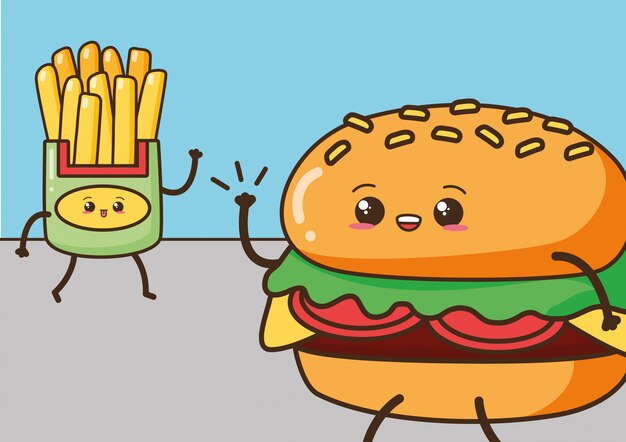 Happy Kawaii, papas fritas y hamburguesas, diseño de alimentos, ilustración