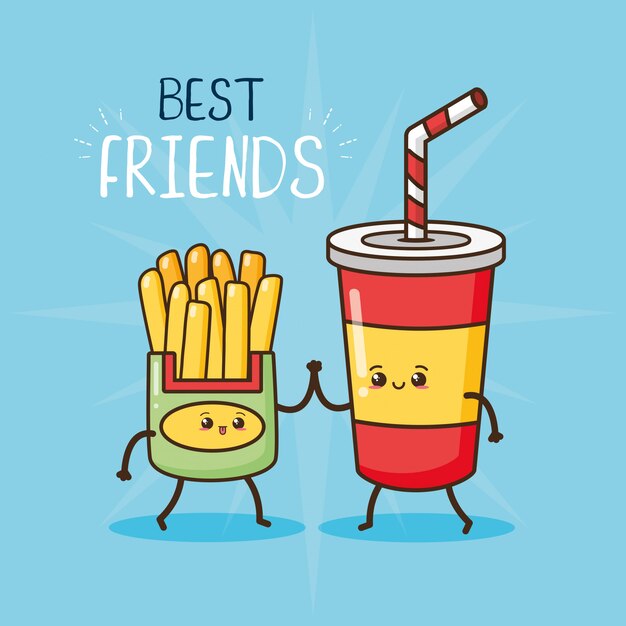 Happy Kawaii, papas fritas y vidrio de soda, diseño de alimentos, ilustración