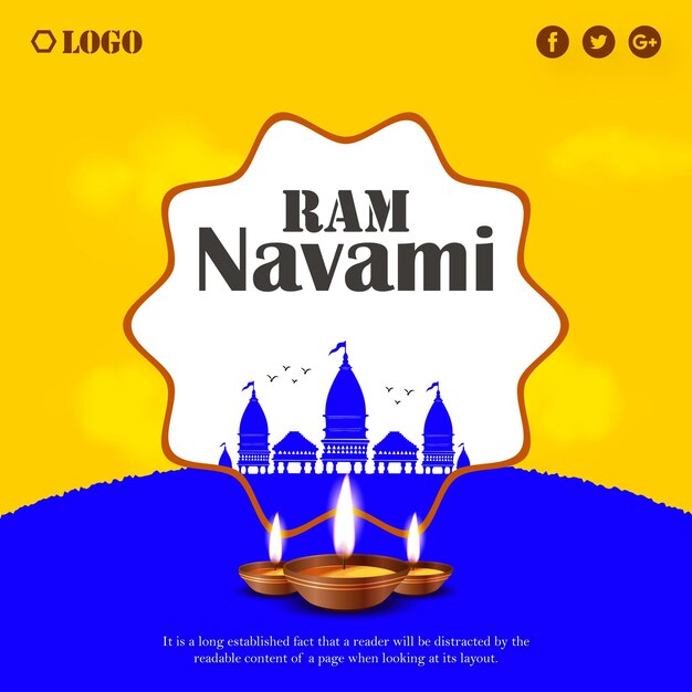 Happy Ram Navami Saludos Fondo amarillo azul Festival del hinduismo indio Banner de redes sociales Vector libre