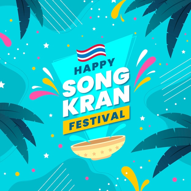 Happy songkran festival diseño plano y hojas