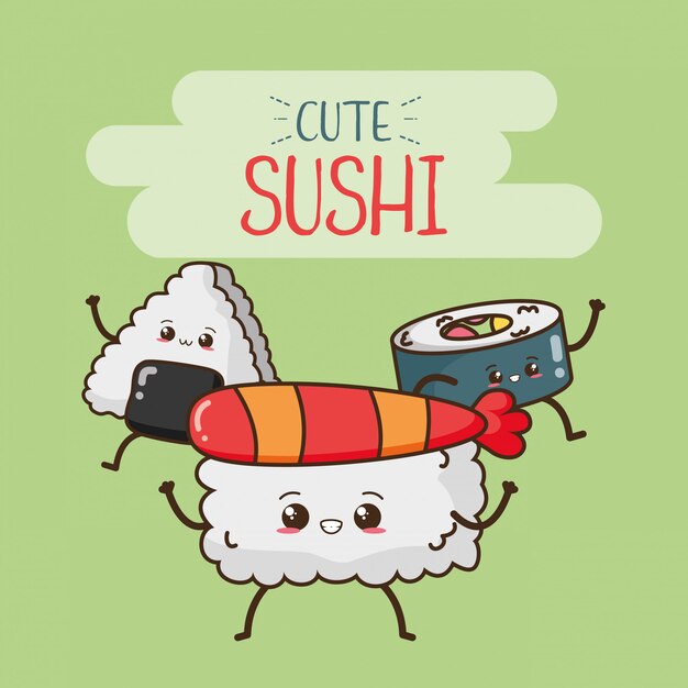 Happy sushi Kawaii, diseño de alimentos, ilustración