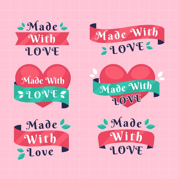 Hecho con diseño plano de conjunto de etiquetas de amor