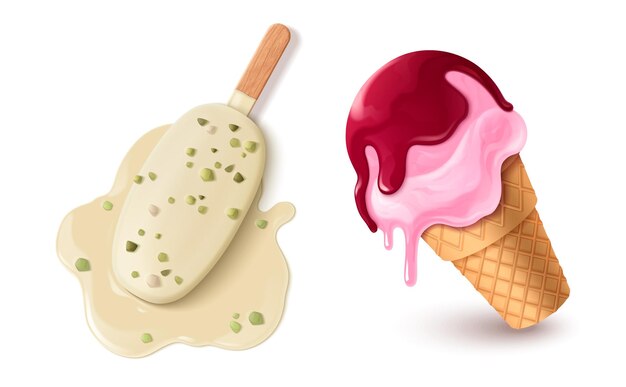 Helado derretido en taza de waffle y en palo