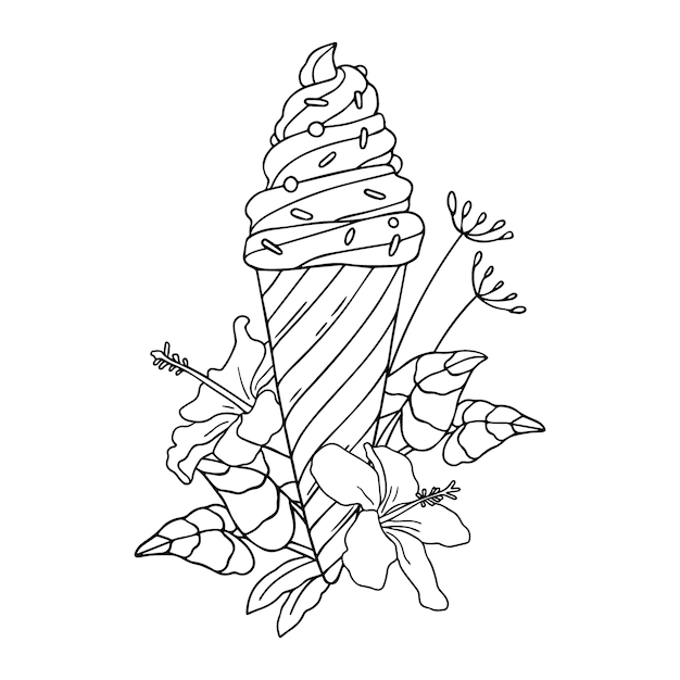 Helado dibujado a mano con ilustración de flores