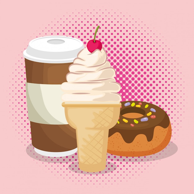 Vector gratuito helado y donut con café