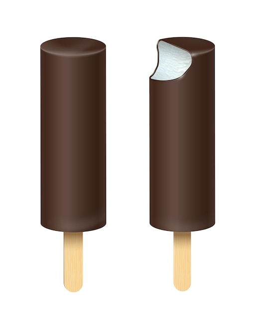 Helado entero y mordido Paletas esquimales cubiertas de chocolate con palo de madera aislado sobre fondo blanco