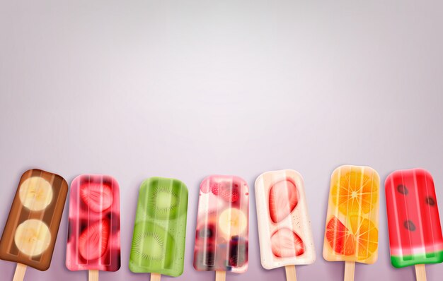 Helado realista de paletas de frutas con dulces congelados de diferentes sabores y sabores